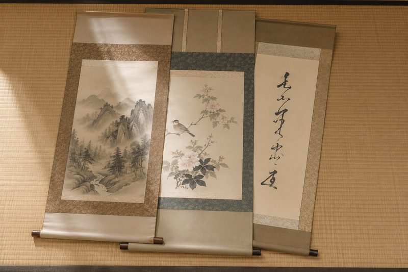 畳に広げた山水画・花鳥画・一行書の掛軸三幅(書・書道作品(墨蹟)買取/イメージ)